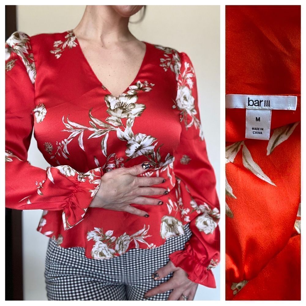 Bar III Blouse Floral Red Poppy Peplum Top Long Sleeve Medium